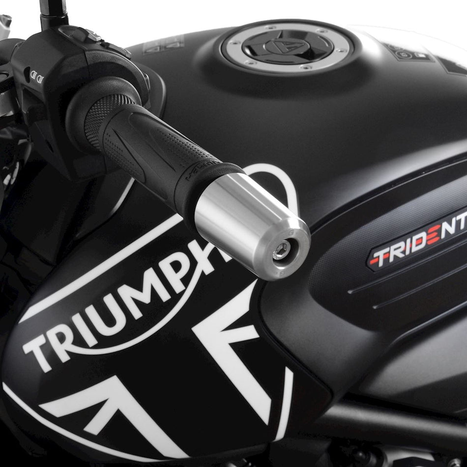 R&G Stainless Steel Bar Ends for the Triumph Trident 660 '21- '24, Daytona 660 '24-,  Speed Triple 1200 RS '21- (without bar end mirrors) & Royal Enfield Continental GT 650 19-