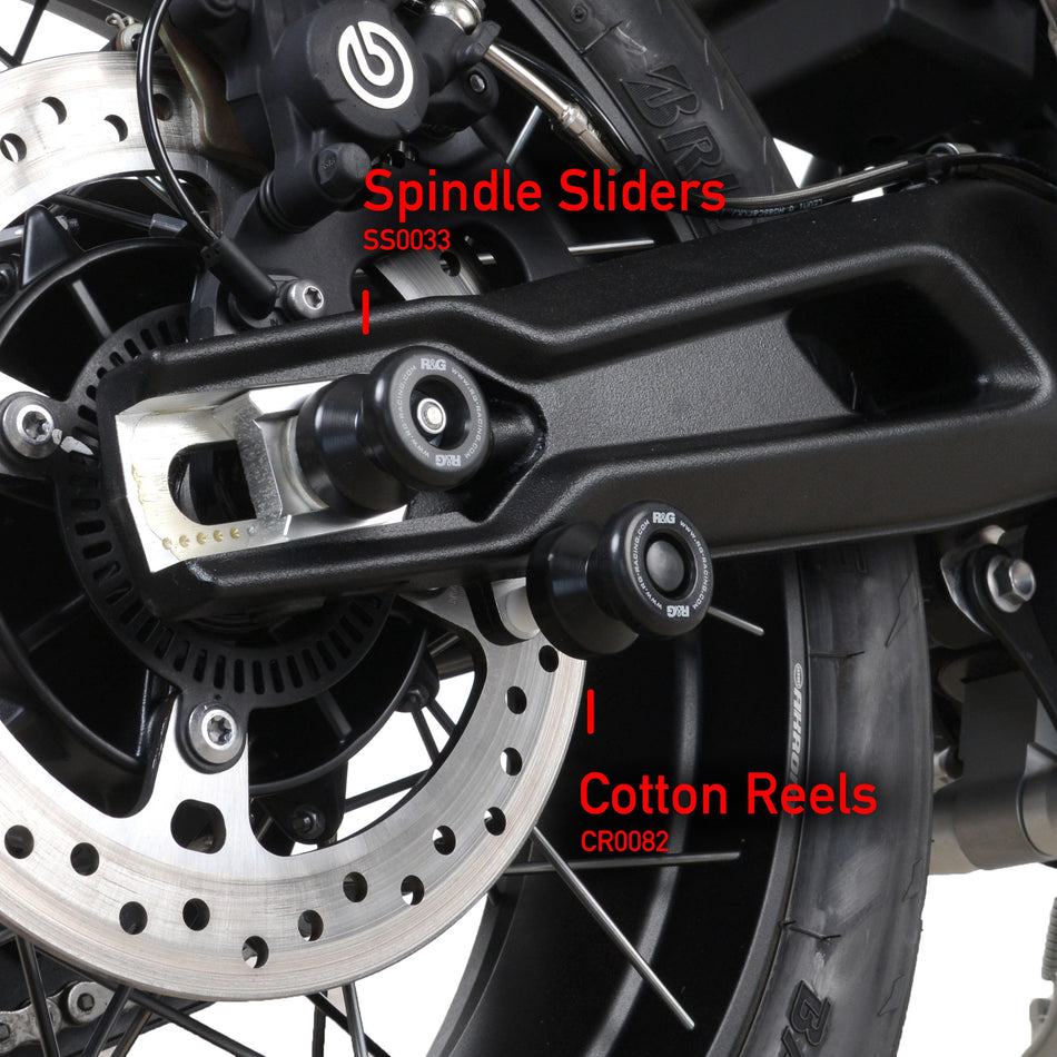 Spindle Sliders for the Triumph Tiger 800 & XC '11- / XCX & XRX '15- / XCA '18- , Tiger 900 '20-, Tiger 900 Rally Pro &GT(Pro) '24- & Tiger 850 Sport '21-